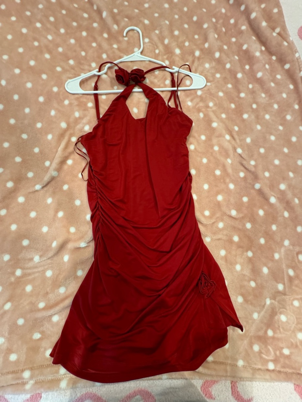 Red Halter-Style Mini Dress with Side Ruching